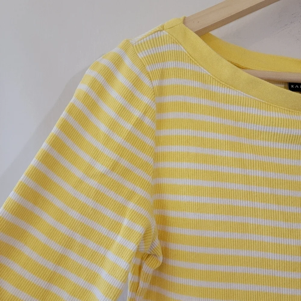 Lauren Ralph Lauren Yellow/White Striped Knit Top Sz M Boatneck 3/4 Sleeve - Picture 3 of 9
